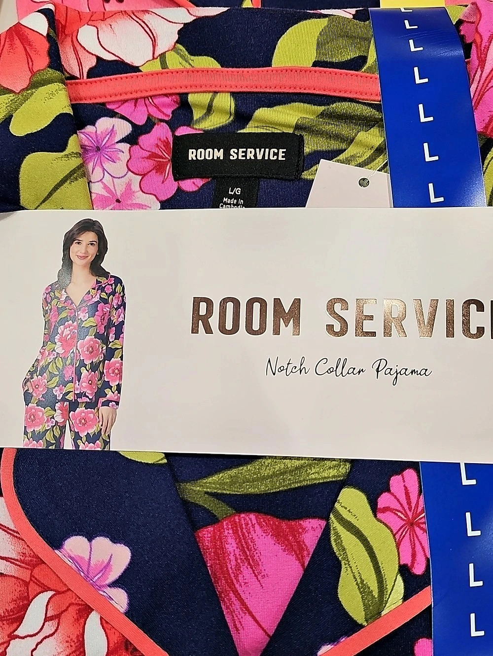 Room Service Notch Collar Pajama Set Floral Blue & Pink Large